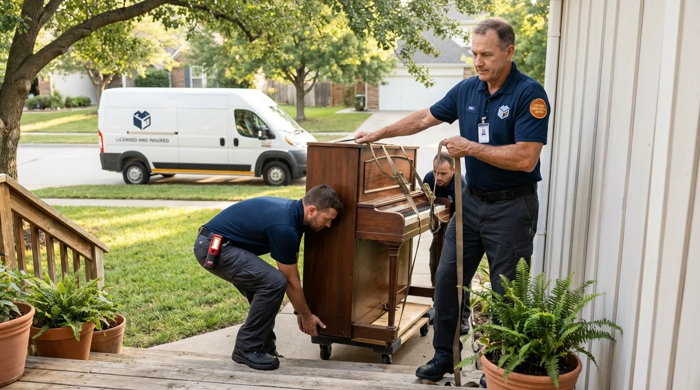 Licensed piano movers securing grand piano in Amityville, NY