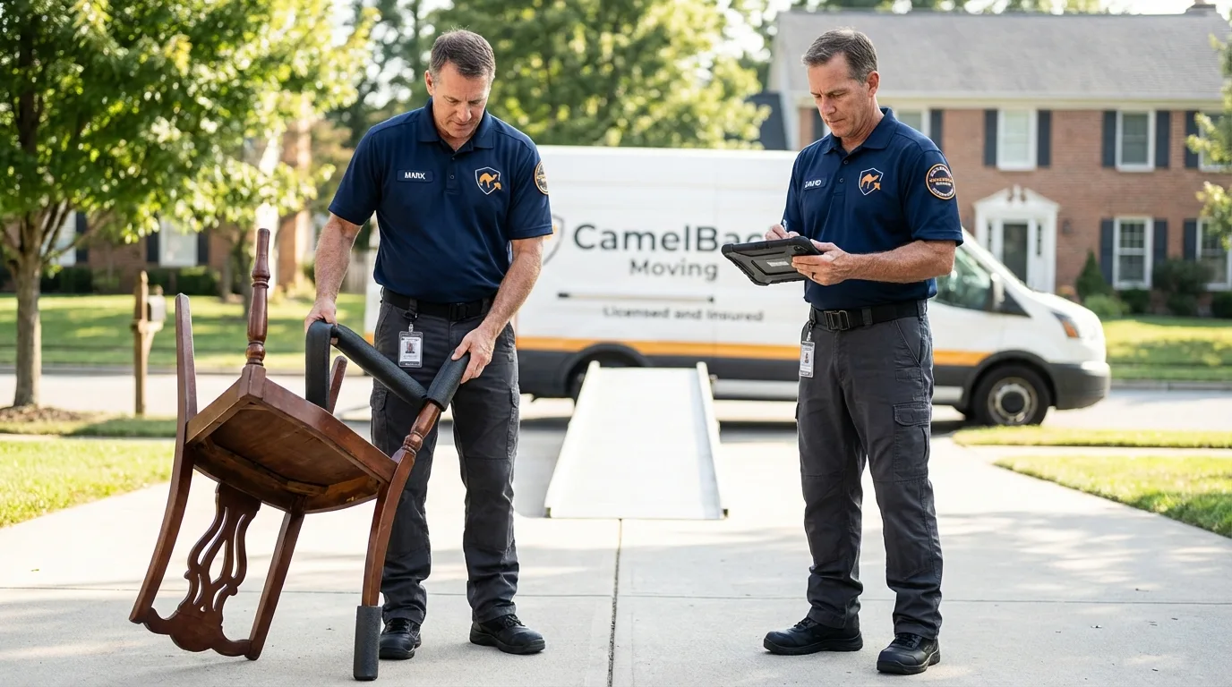 Movers inspecting furniture for damage prevention before loading in Amityville, NY
