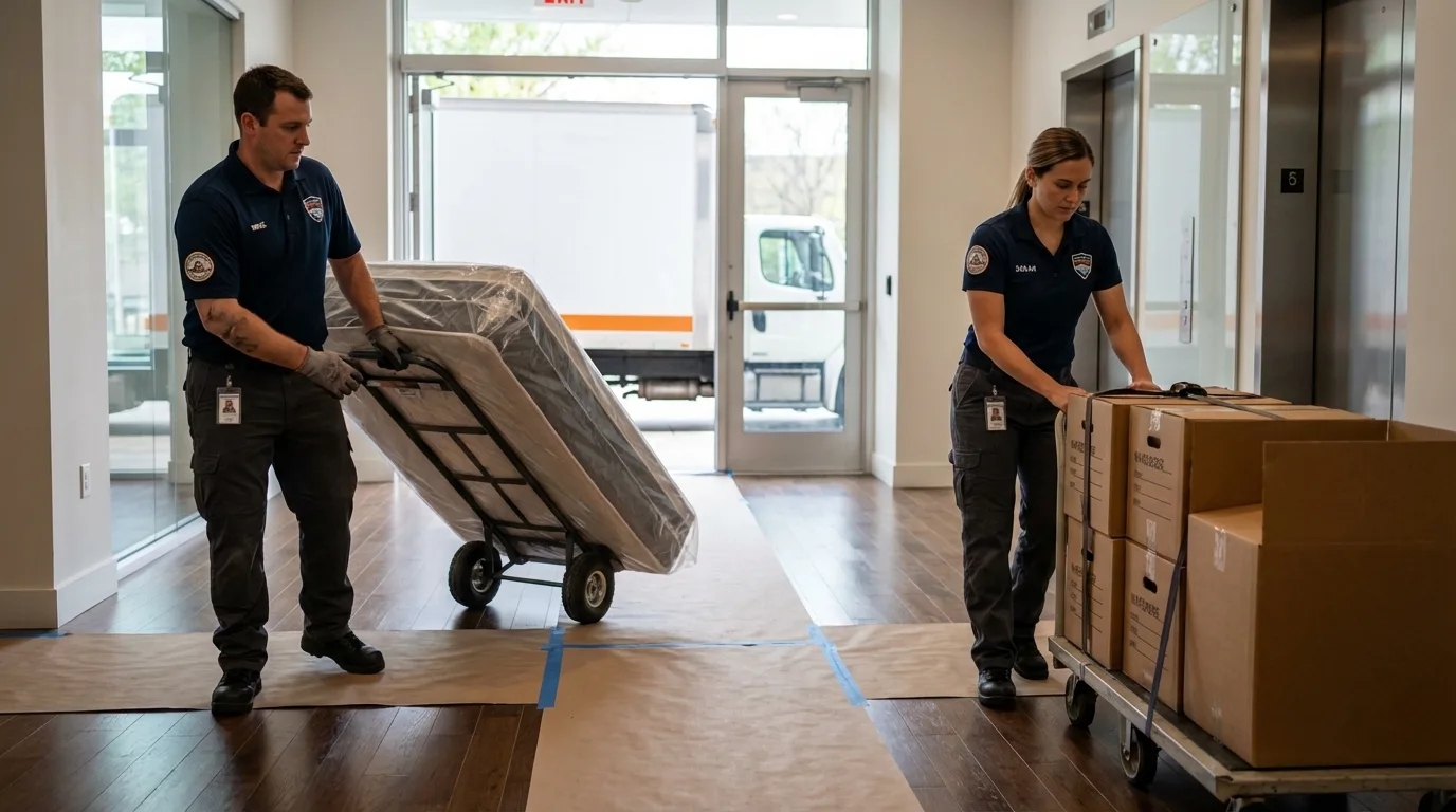 Professional apartment movers loading elevator in Amityville, NY