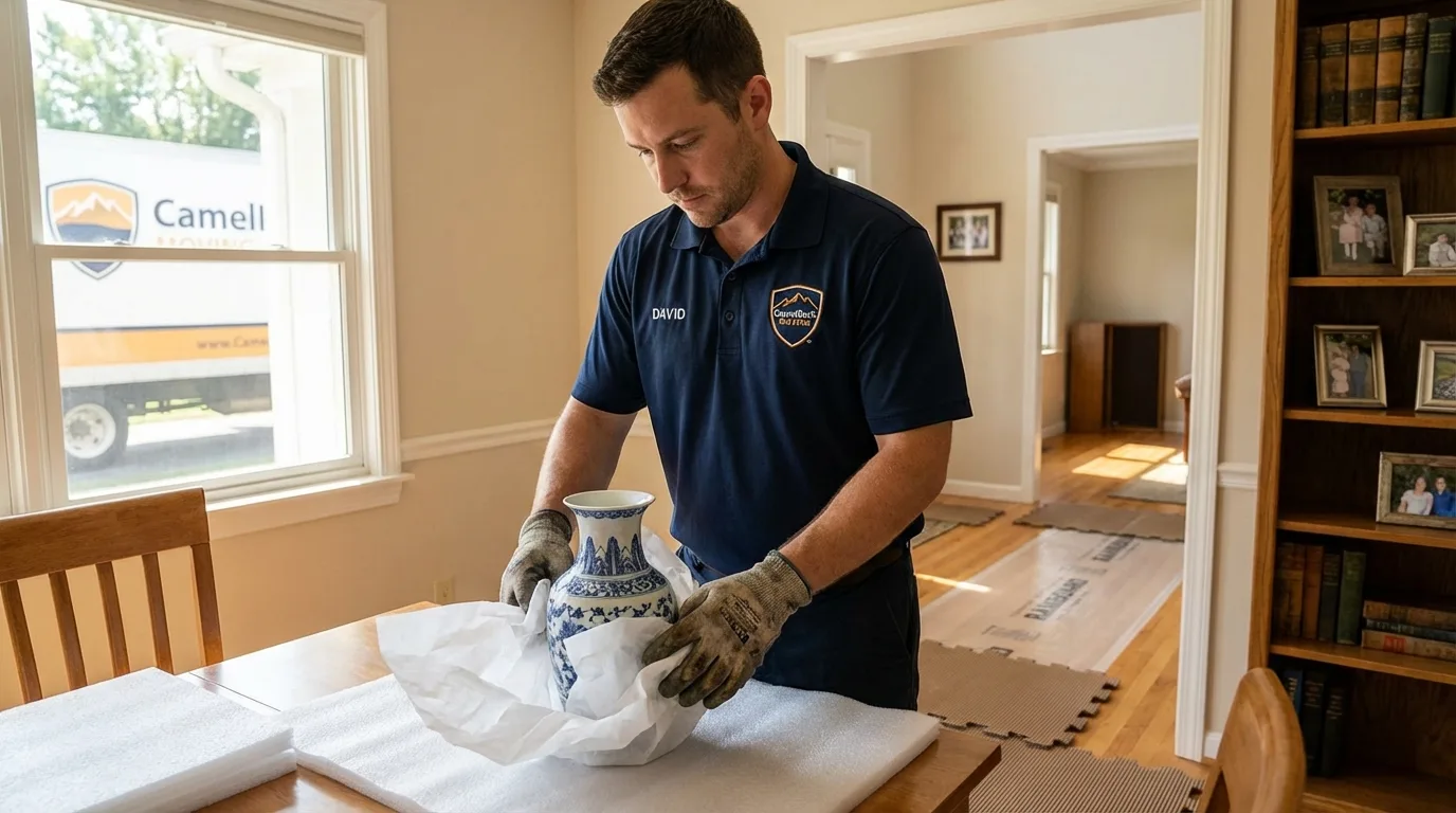 Professional crew carefully wrapping antique vase for senior downsizing move in Amityville, NY