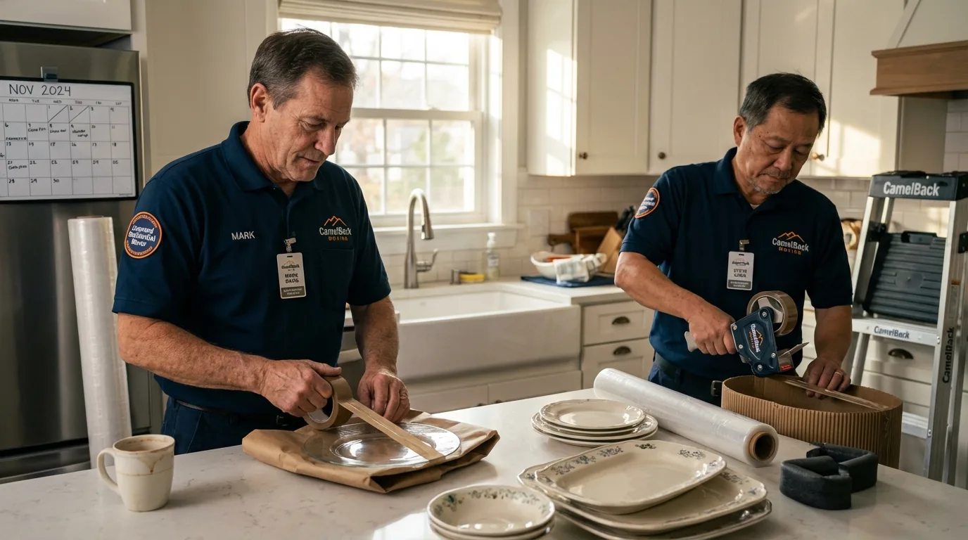 Professional crew packing kitchen dishware in Amityville, NY